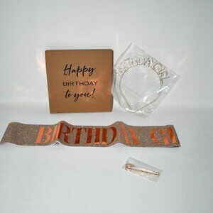 ADBetty Birthday Girl Sash & Rhinestone Headband Set – Rose Gold Glitter, NWT
